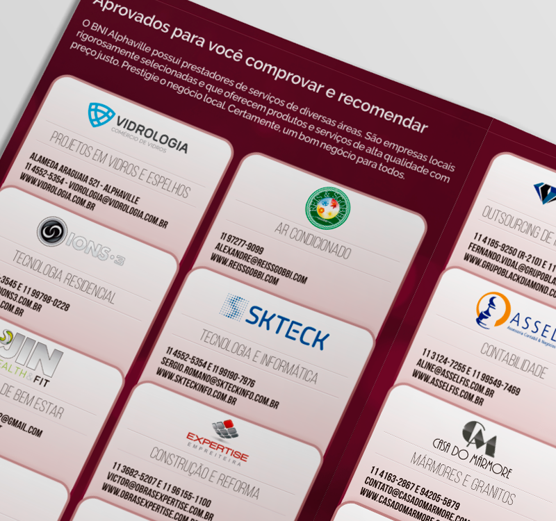 Visão da parte interna do folheto com os dados de contato de casa empresa participante